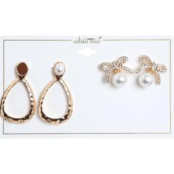 2Pk Assorted Pearl Embellished Earrings - Gold