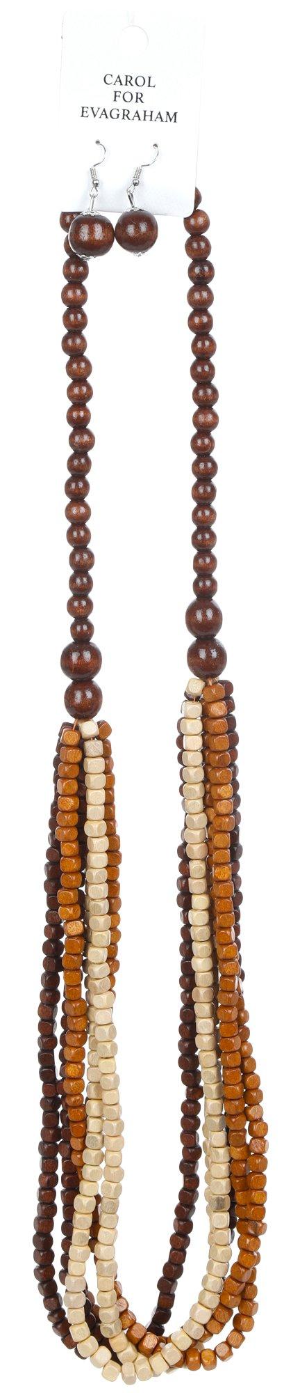 2 Pc Layered Bead Necklace & Earrings Set - Brown