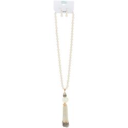 Pearl Tassel Necklace and Earrings Set  - White