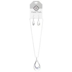3 Pc Abstract Teardrop Earrings & Necklace - Silver