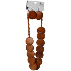 Wooden Disk Necklace & Earrings Set - Brown