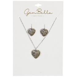 Heart Pendant Necklace & Earrings Set - Silver