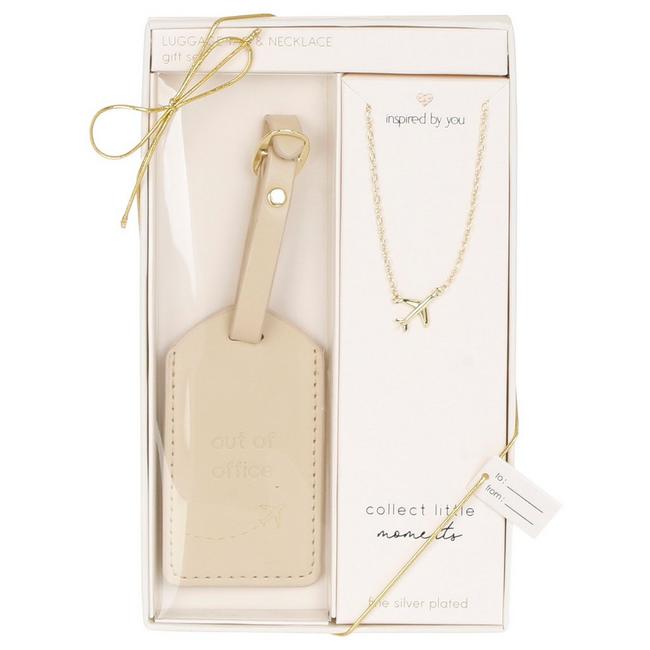 2 Pc Luggage Tag & Necklace Set - Tan