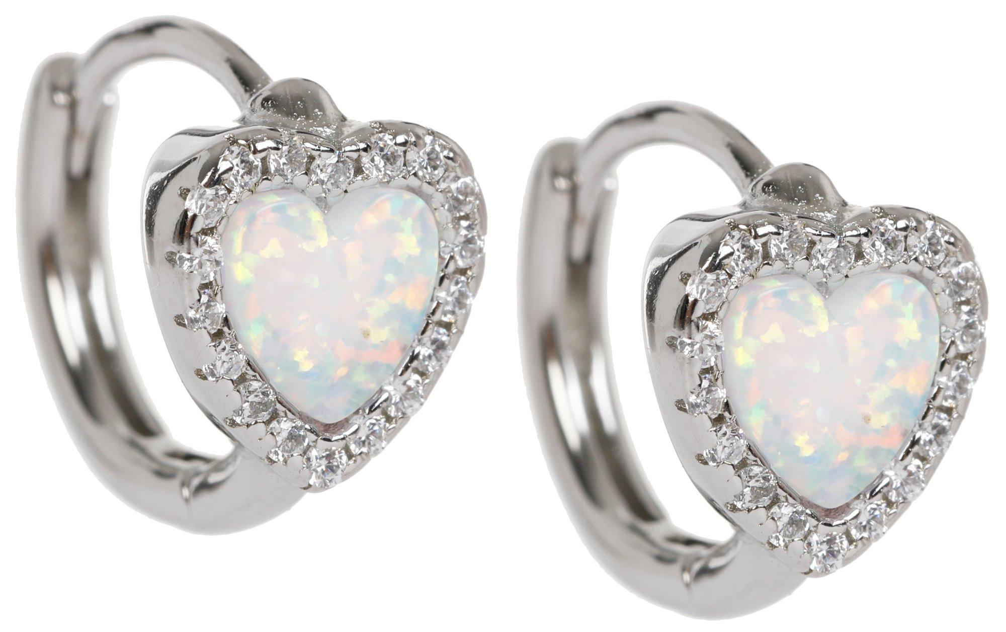 Sterling Silver Opal Heart Hoop Earrings