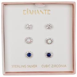 3 Pk Colorful Rhinestone Zirconia Stud Earrings - Silver