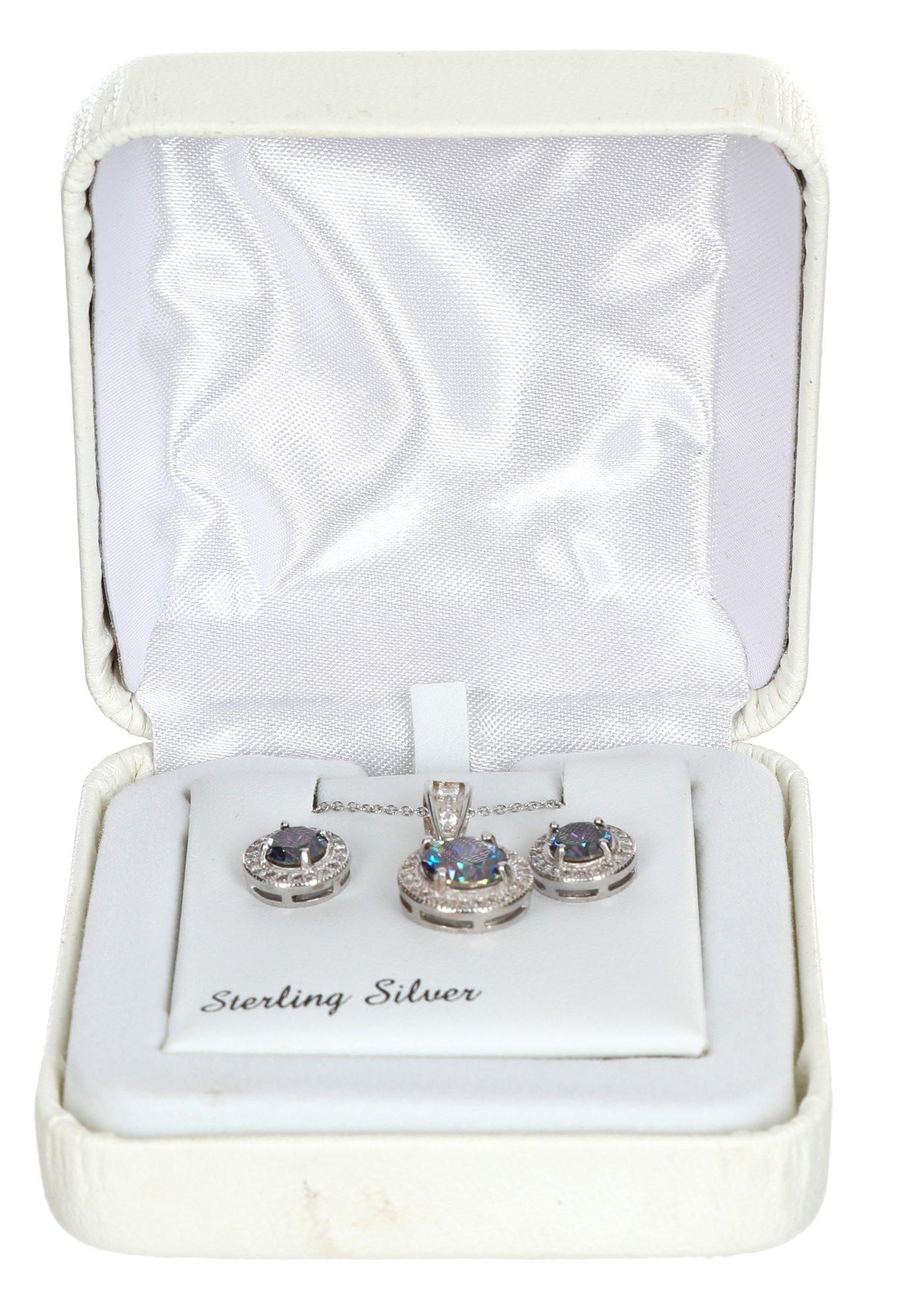 Mystic Stone Earrings and Necklace Set - Silver