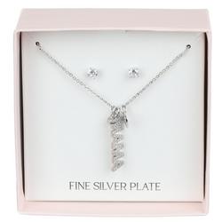 2 Pc Stud Earrings and Necklace - Silver
