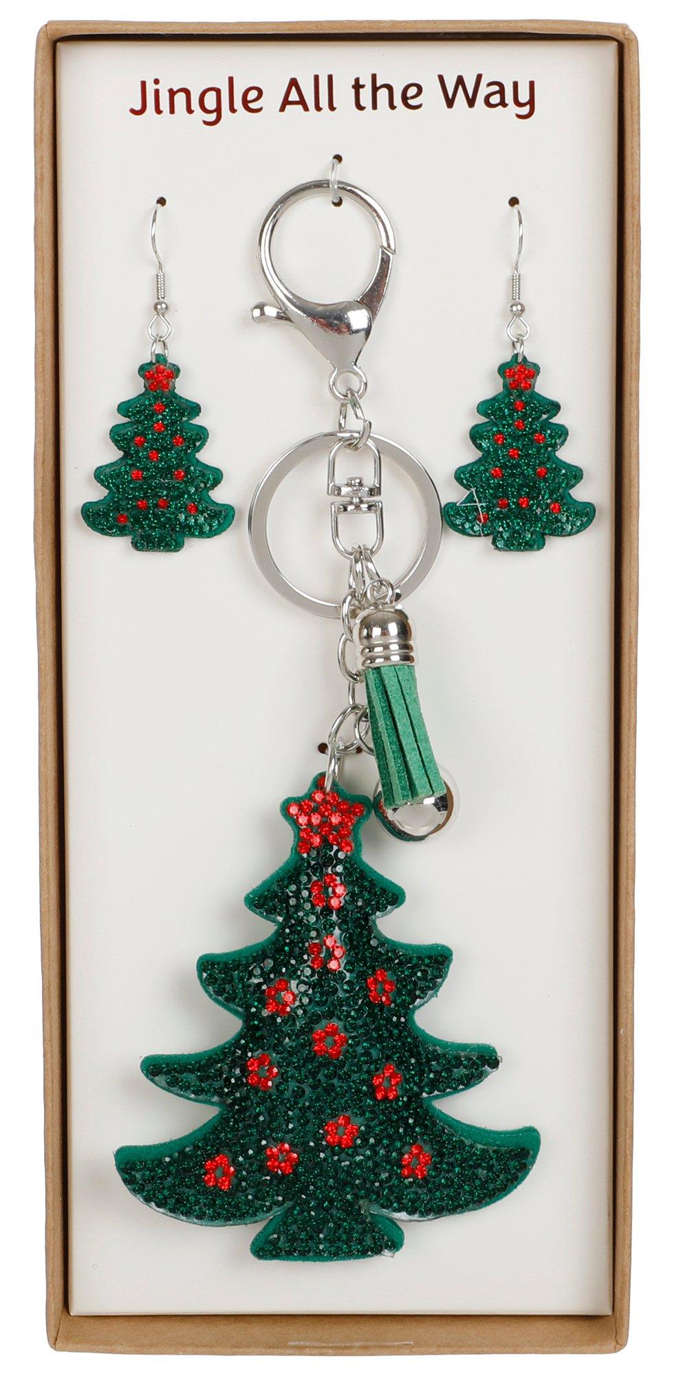 Christmas Tree Earrings and Key Chain Set - Green