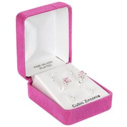2 Pc Cubic Zirconia Drop and Stud Earrings Set - Pink