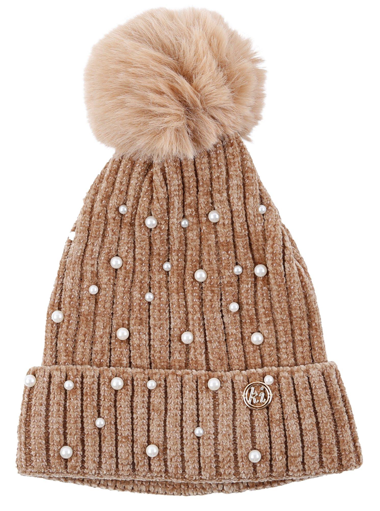 Chenille Pearl Pom Pom Beanie