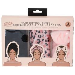 3 Pk Hair Drying Towel, Cap & Spa Headband