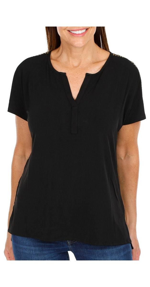 Women's Solid Studded Shoulders Top - Black | bealls