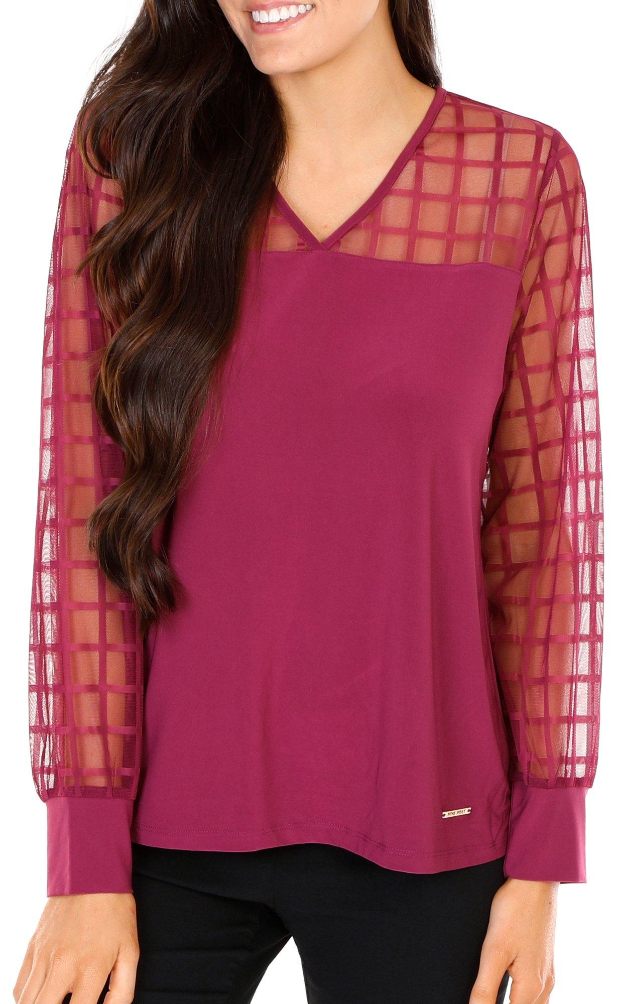 Women's Solid Sheer Sleeve Top - Red