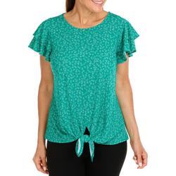 Women's Print Flare Sleeve Front Tie Top - Green Multi
