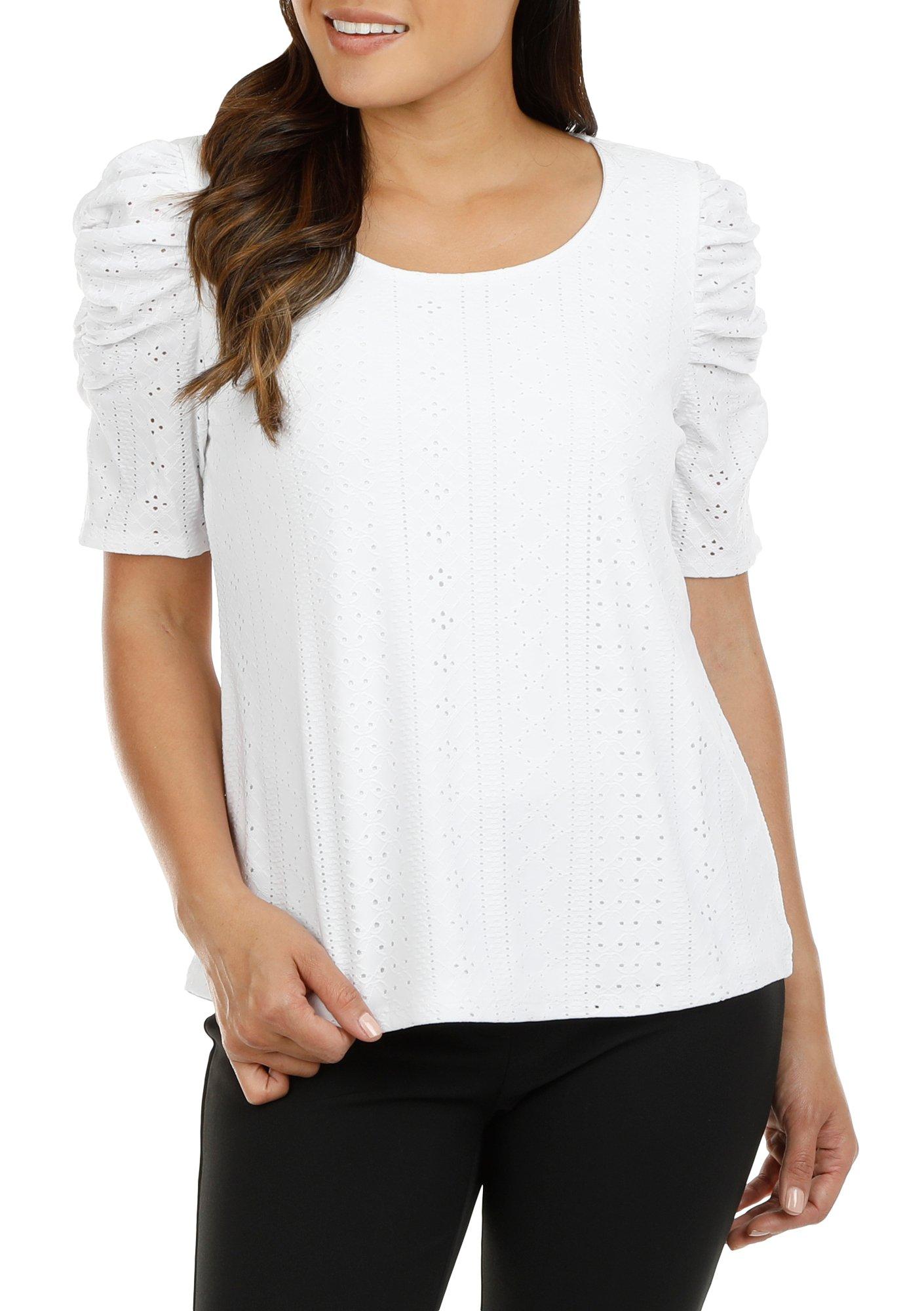 Women's Solid Rushed Eyelet Top- White