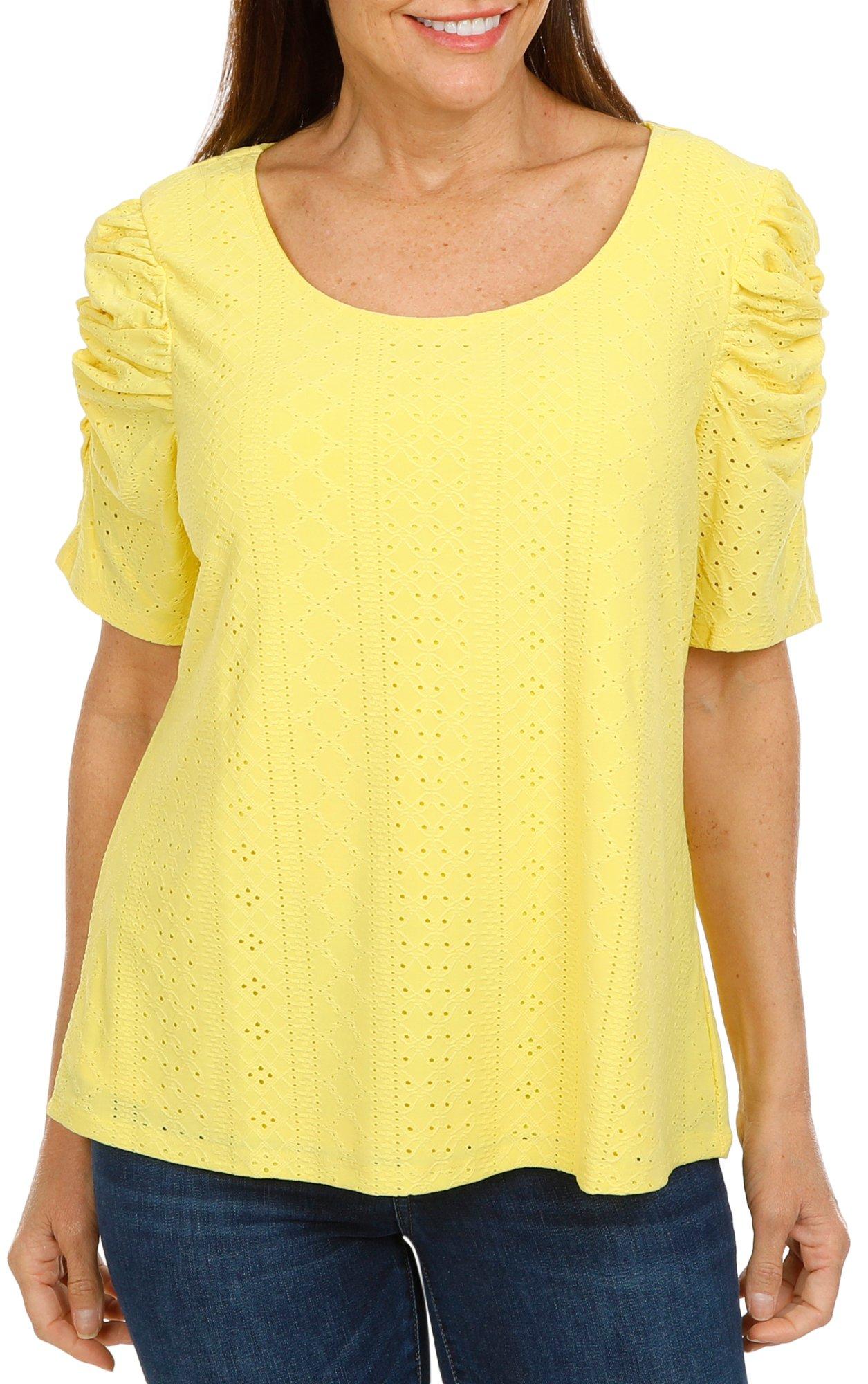 Women's Solid Rushed Eyelet Top- Yellow