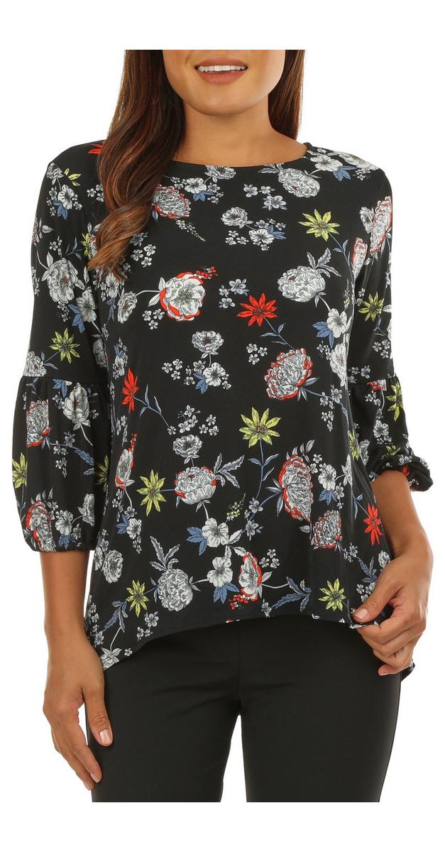 Womens Floral Puff Sleeve Top Black Bealls