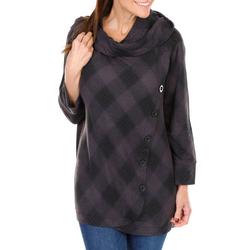 Women's Holiday Plaid Cowl Neck Knit Top - Grey