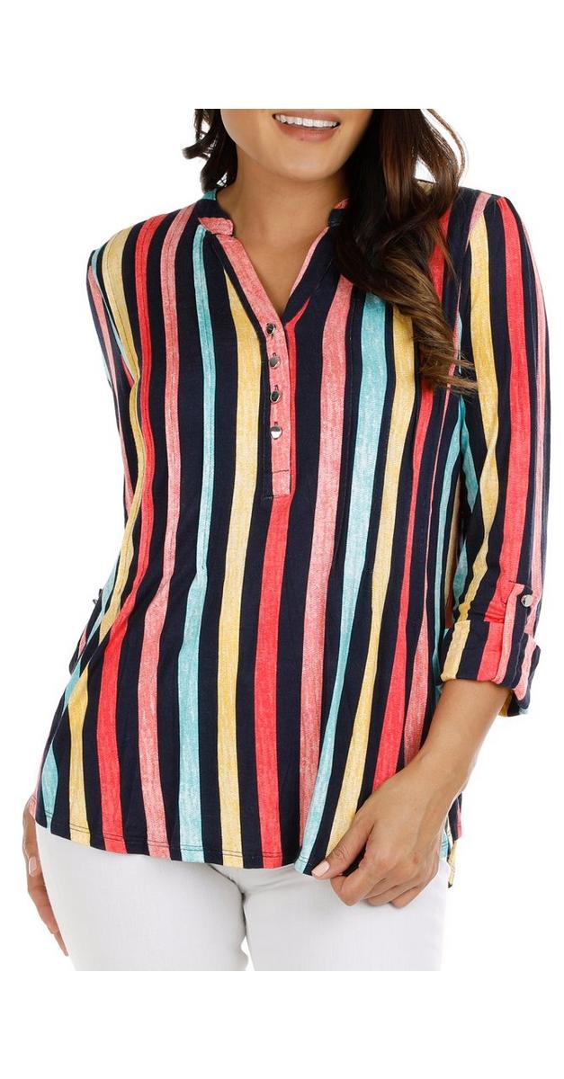 Women's Striped Quarter Button Down Top Multi bealls