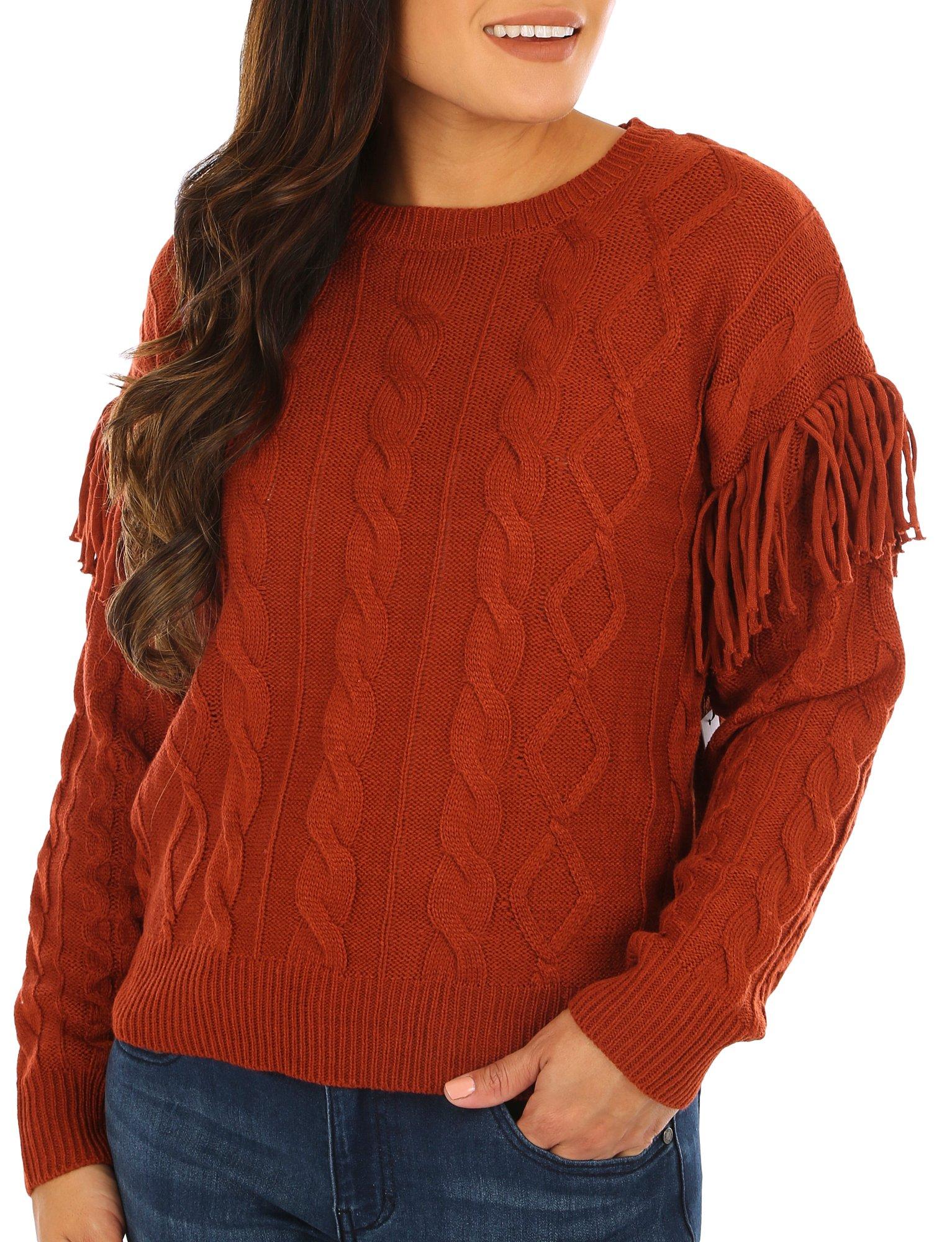 Women's Solid Fringe Sleeve Sweater - Rust