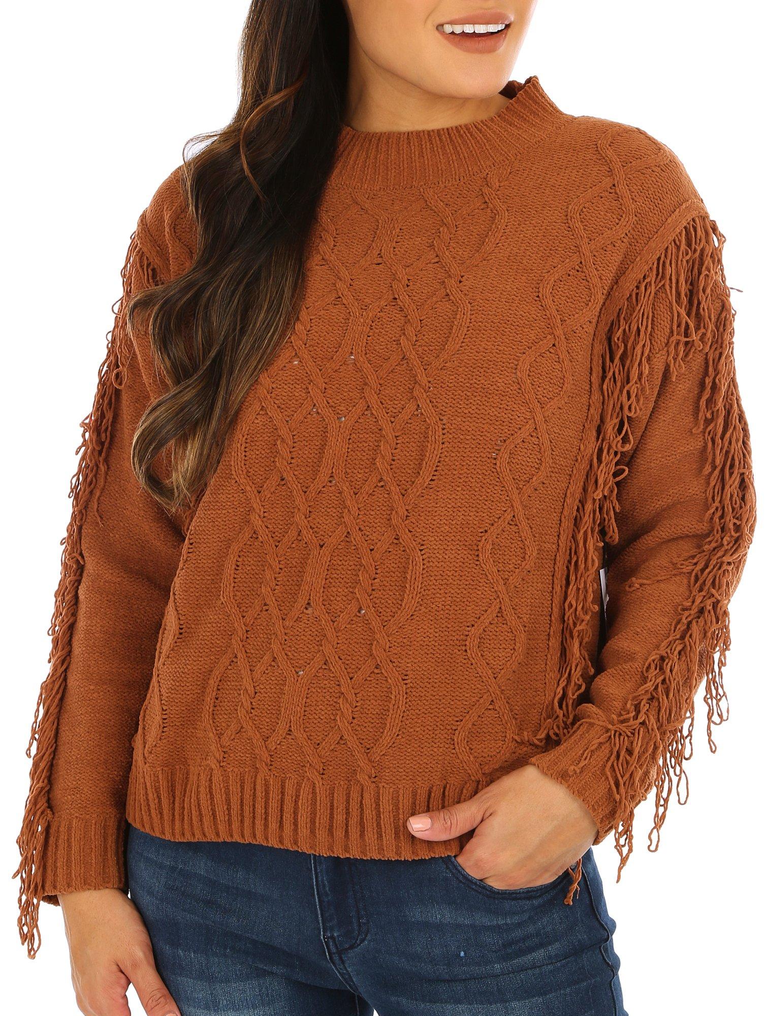 Women's Fringe Cable Knit Sweater - Brown