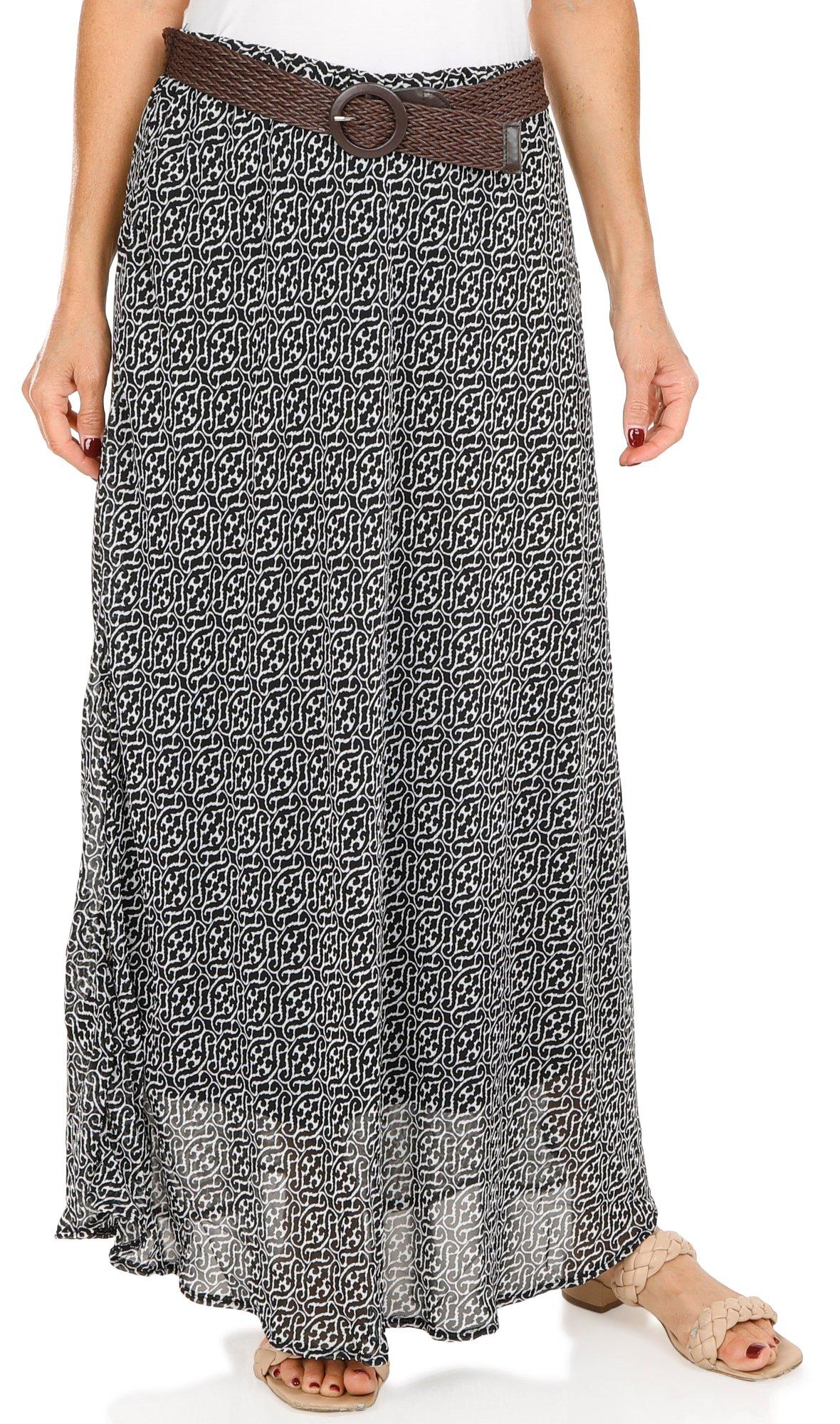 Women's Chiffon Abstract Print Belt Skirt - Black