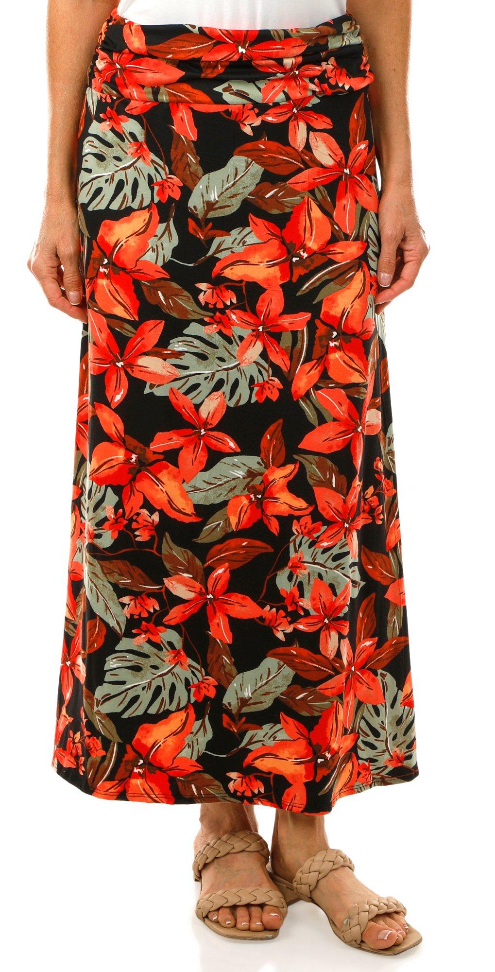 Women's Floral Side Split Maxi Skirt - Black