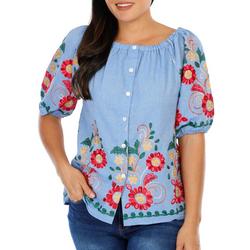 Women's Embroidered Floral Button Down Top