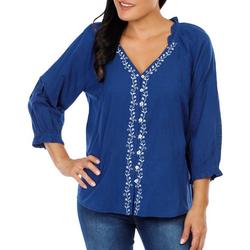 Women's Solid Embroidered Button Down Top