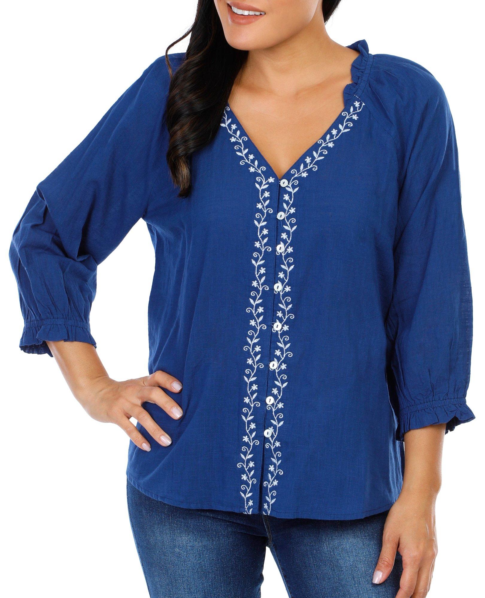 Women's Solid Embroidered Button Down Top