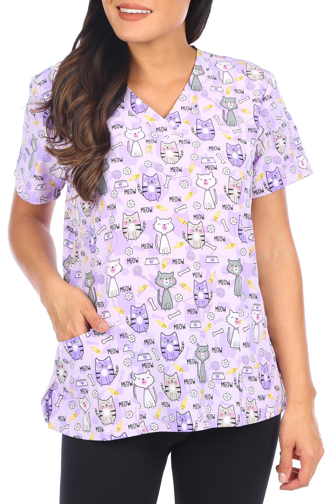 Women's Cat Print Scrub Uniform Top