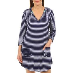 Women's Striped Hooded Pull-Over Swim Cover Up - Navy