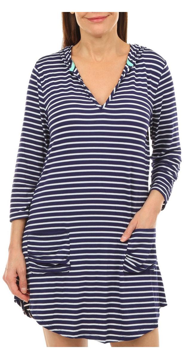 Women's Striped Hooded Pull-Over Swim Cover Up - Navy | bealls