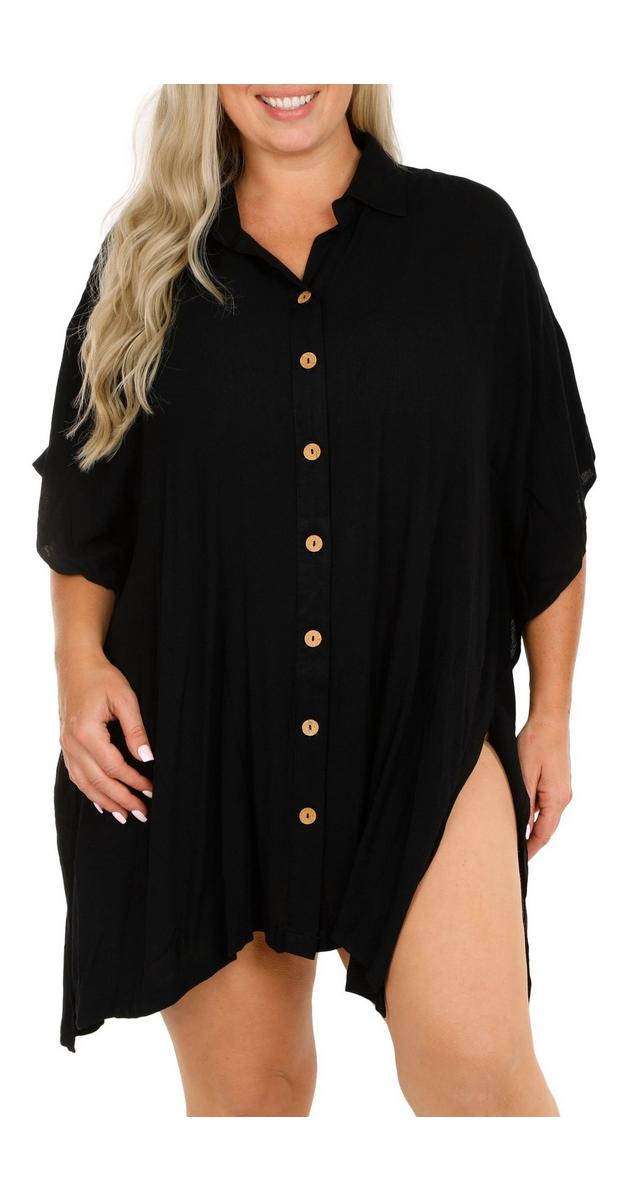 Women's Solid Button Up Swim Cover Up Shirt Black bealls
