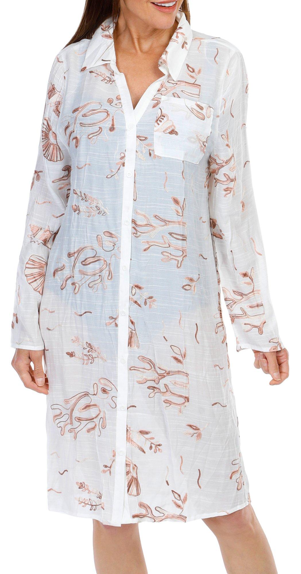 Women's Embroidered Floral Button Down Swim Coverup