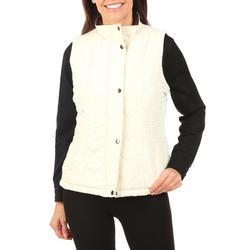 Women's Quilted Zip and Button Down Puffer Vest - White