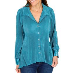 Women's Solid Pleated Button Down Top - Teal