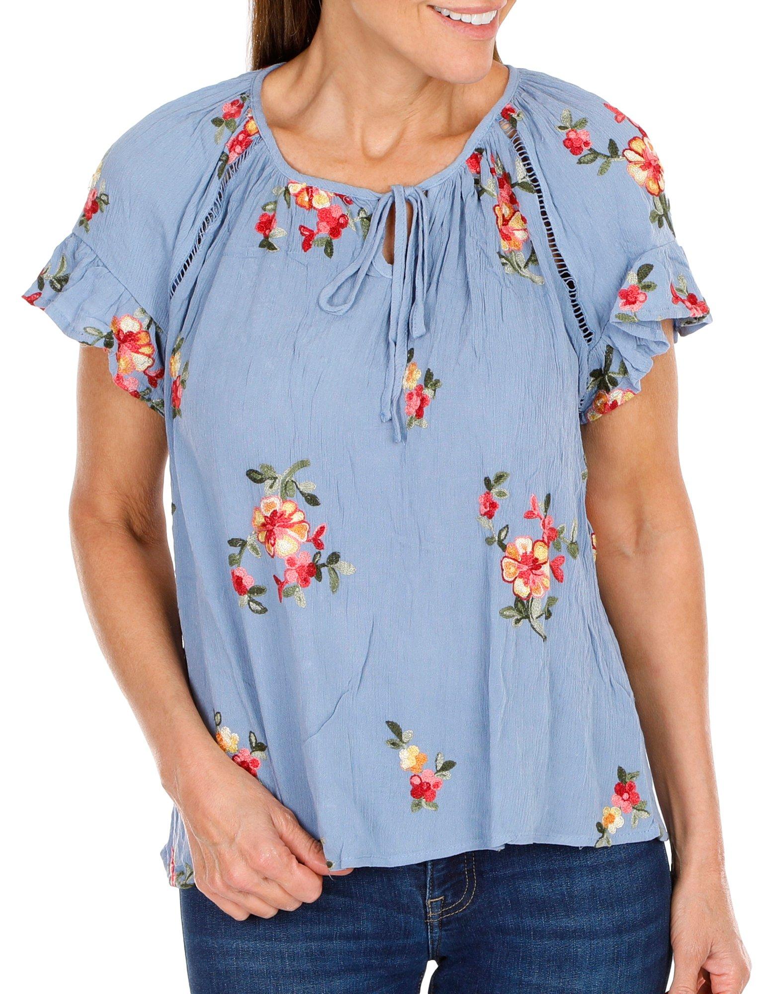 Women's Solid Embroidered Floral Top - Blue