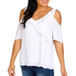 Women's Solid Ruffle Cold Shoulder Top