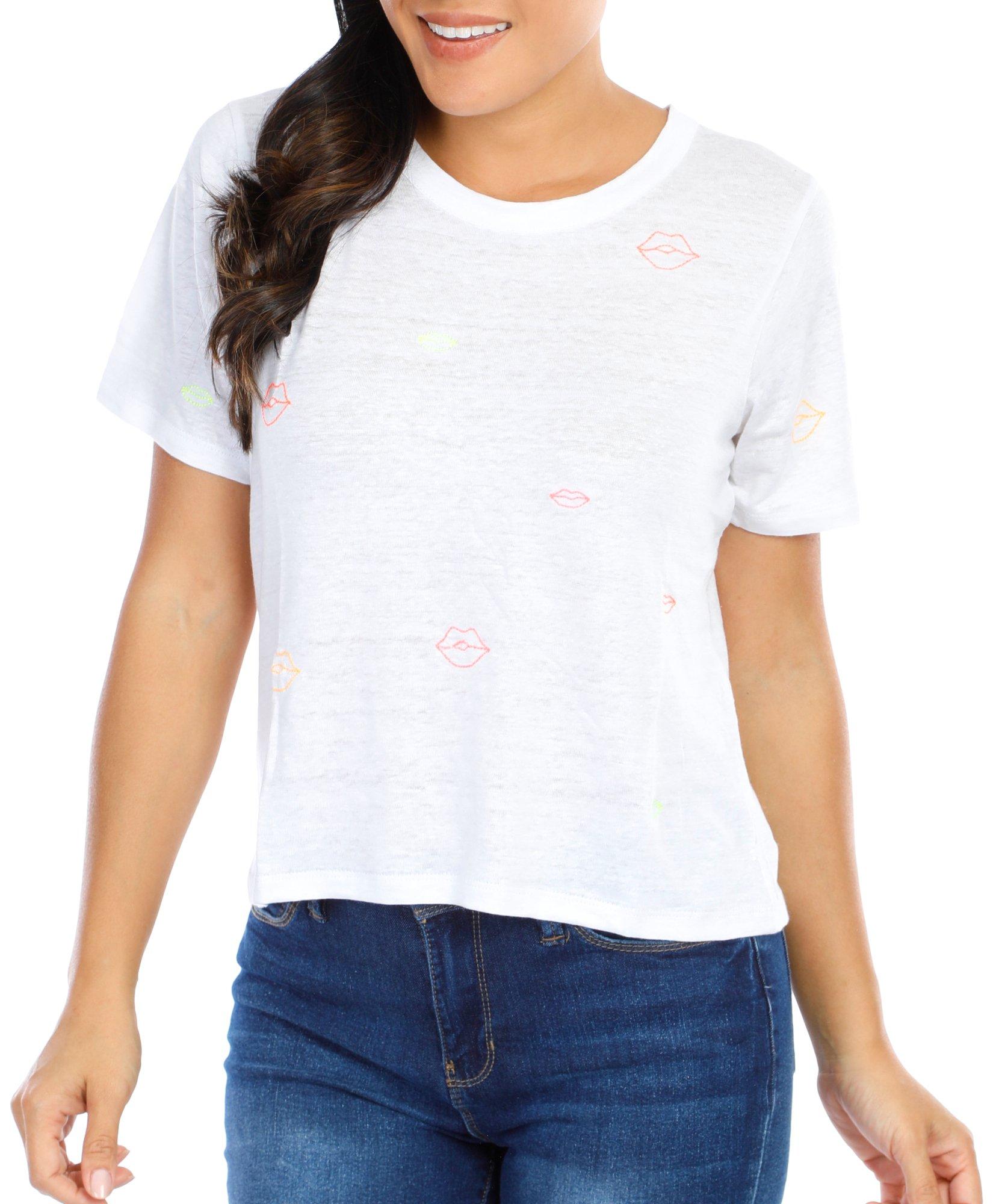 Women's Embroidered Kiss Short Sleeve Top