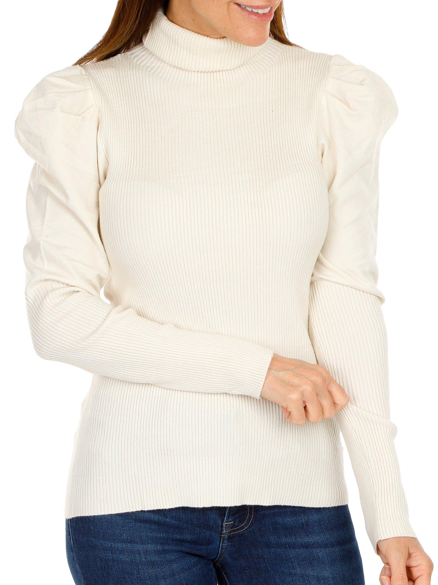 Women's Solid Puff Sleeve Pullover Sweater - Cream