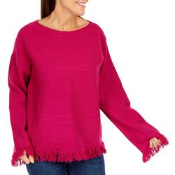 Women's Solid Fringed Hem Sweater - Pink