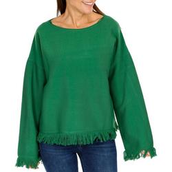 Women's Solid Fringed Hem Sweater - Green