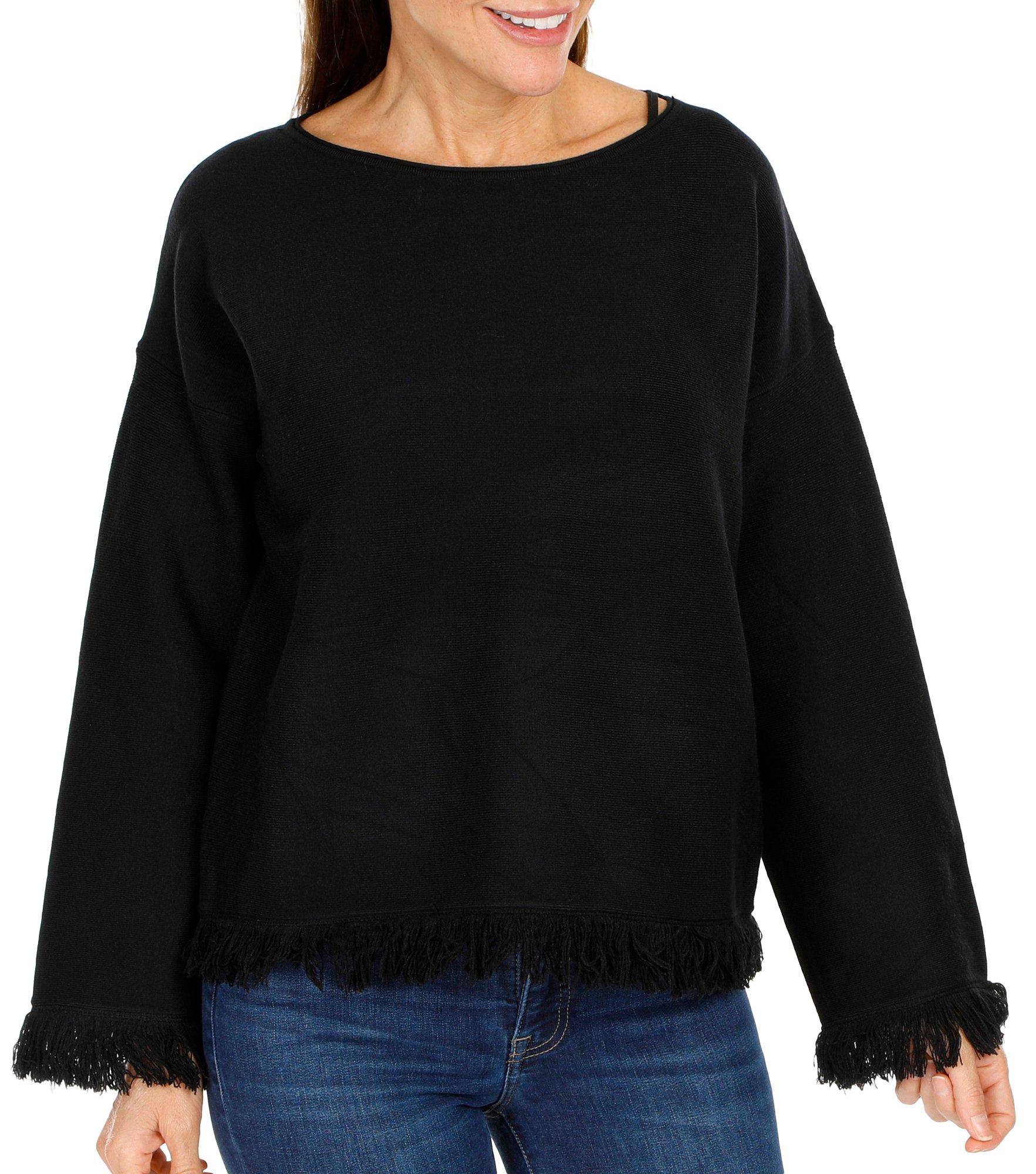 Women's Solid Fringed Hem Sweater - Black