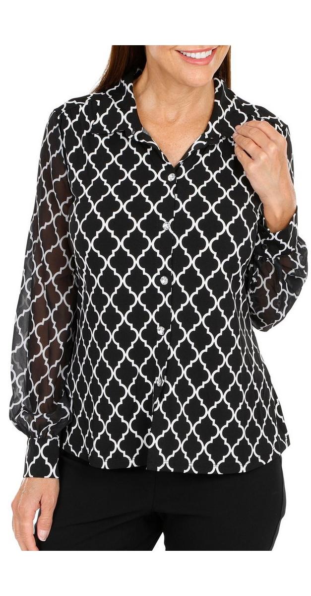 Women's Trellis Print Sheer Sleeve Top Black bealls
