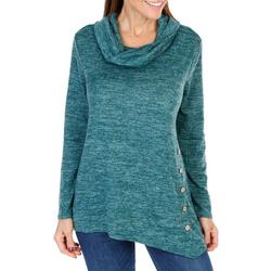 Women's Button Accented Cowl Neck Sweater - Green