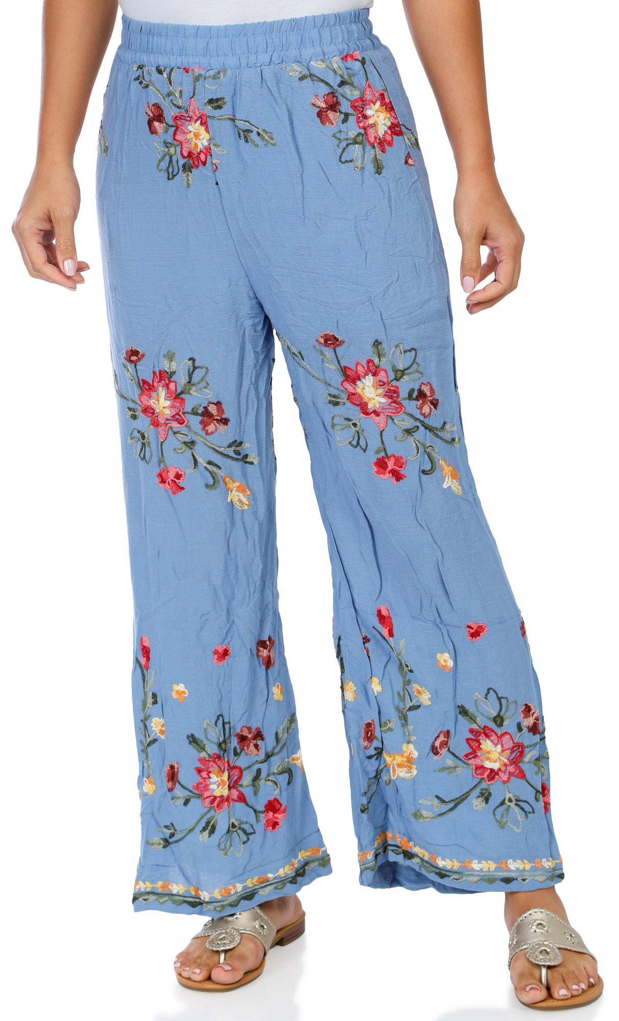 Women's Embroidered Floral Wide Leg Pants