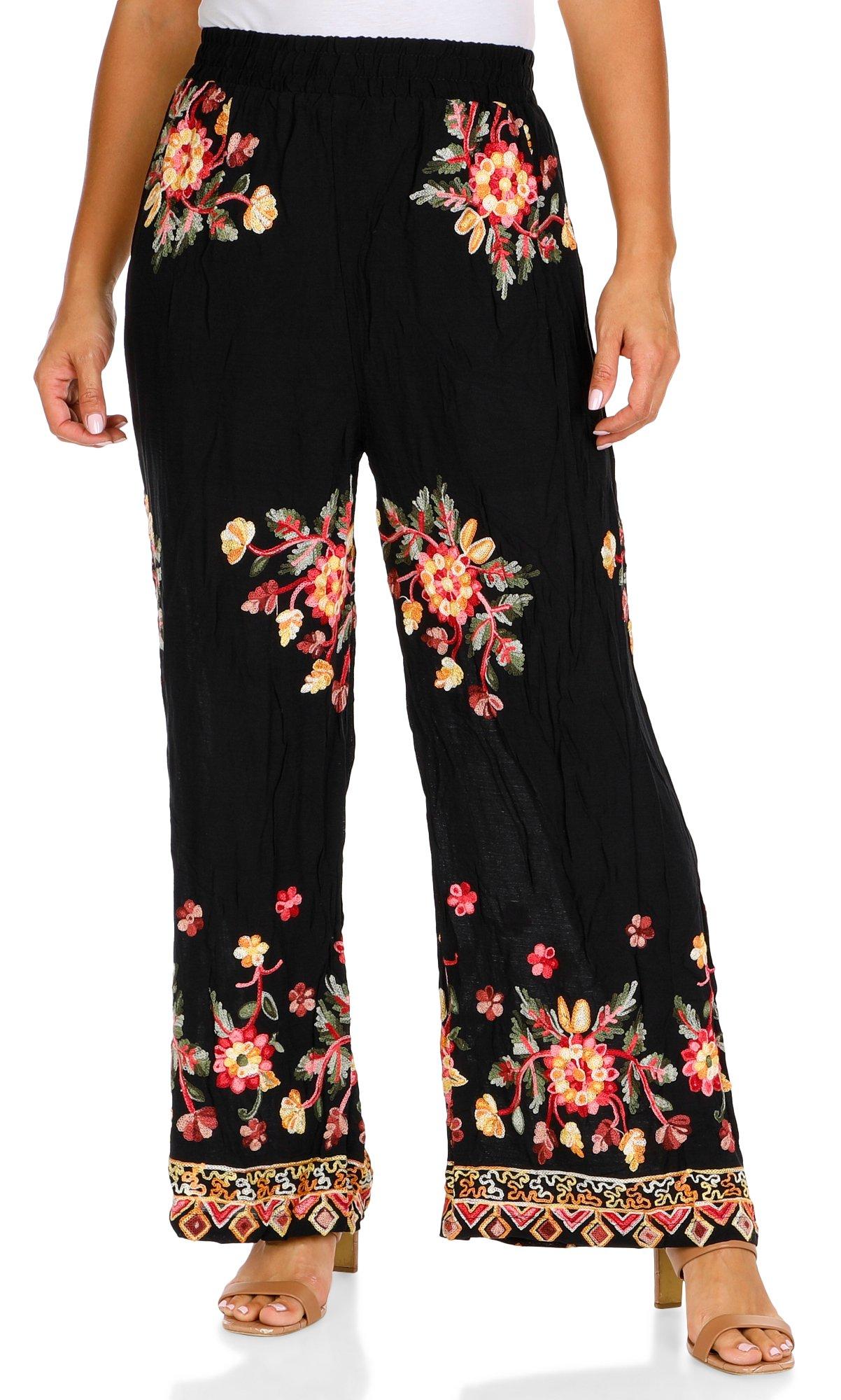 Women's Embroidered Floral Pull On Pants