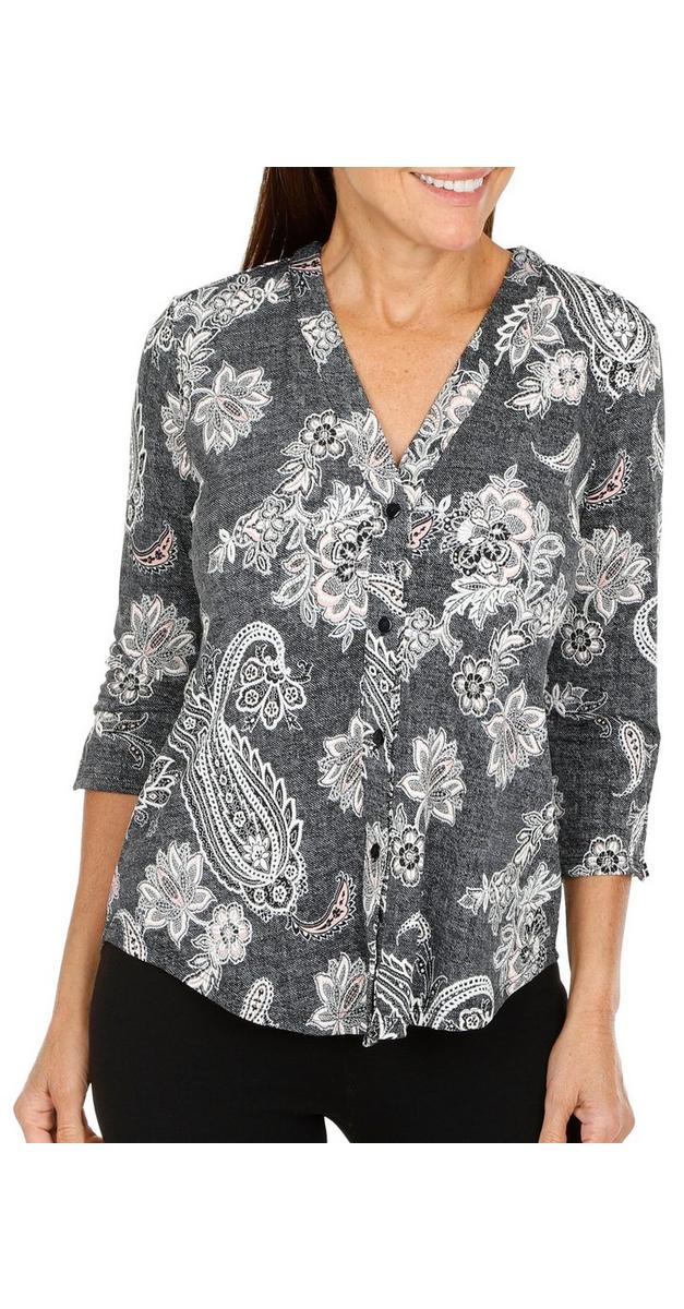 Women's Paisley Puff Print Top Black bealls