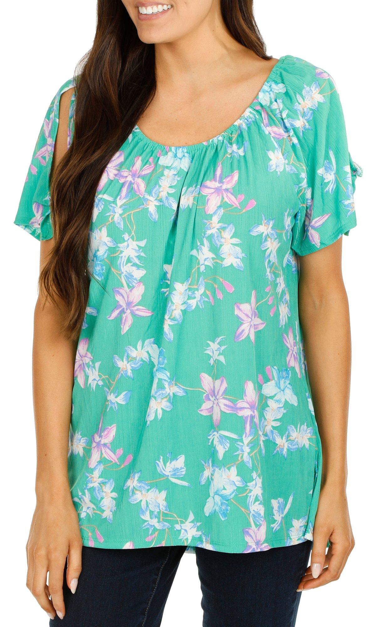 Women's Floral Print Split Sleeve Top - Green